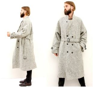 Tweed Belted Trench Coat Herringbone Wool Hommes Gris Maxi Manteau d'hiver M L