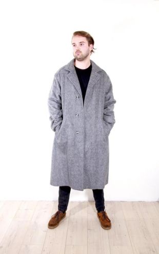 vintage Grey Tweed Mohair Wool Coat Tie Waist Large Men Winter Overcoat L / XL