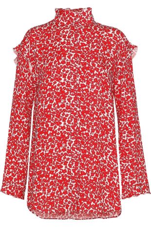 Red Ruffle-trimmed floral-print silk crepe de chine blouse