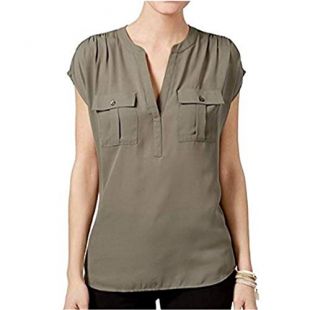 Mixed Media Olive Green Sleeveless Utility Shirt Top