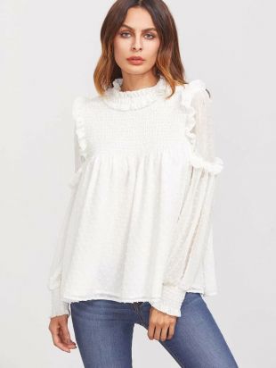 White Ruffle Trim Smocked Dot Jacquard Blouse