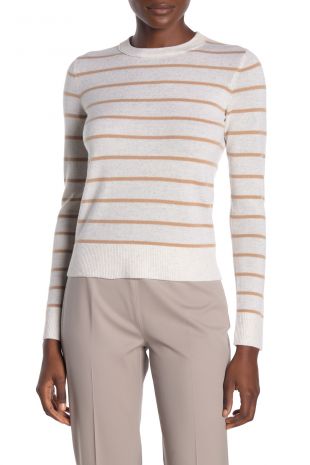 Stripe Print Overlay Cashmere Crew Neck Pullover Sweater