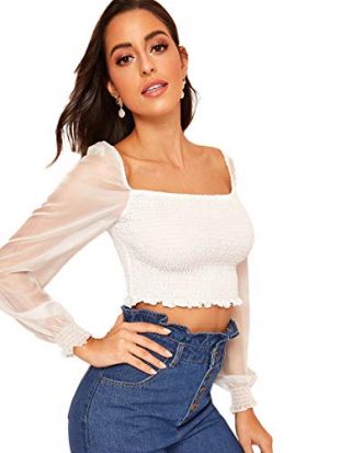 ROMWE - Camicetta da Donna a Maniche Lunghe, con Scollo Quadrato, Stile Boho - Bianco - L