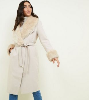 Cream Detachable Faux Fur Trim Belted Coat