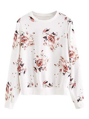 ROMWE Women's Casual Floral Print Long Sleeve Pullover Tops Lightweight Sweatshirt - Beige - X-Small