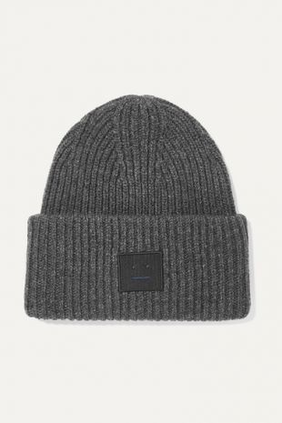 Pansy Face Appliquéd Ribbed Wool Beanie