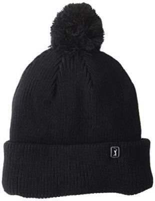 PGA TOUR Men's Knit Beanie Hat, Caviar with pom pom, On Size Fits Most