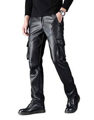 Men`s Multi Pockets Motorcycle Workwear PU Faux Leather Cargo Pants