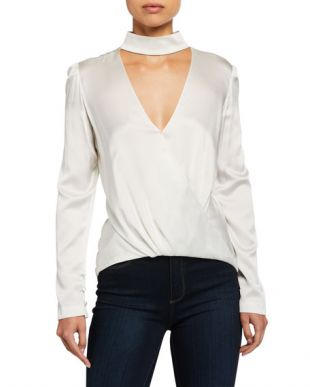 Raquel Mock-Neck High-Low Silk Cutout Top