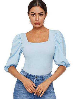 ROMWE - Maglietta da Donna Casual a Maniche Lunghe, Scollo Squadrato - Blu - XS