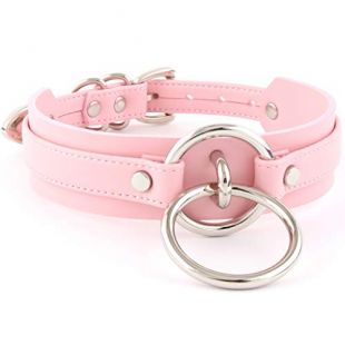 Handmade Womens Double O Ring Faux Leather Choker Collar (Pink with silver alloy)