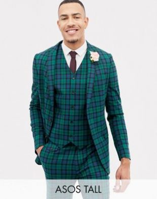 ASOS DESIGN Tall wedding skinny suit jacket in blackwatch plaid | ASOS