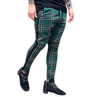 IZHH Men's Pants Fashion Long Casual Sport Pants Slim Fit Plaid Trousers Running Joggers Sweatpants Green