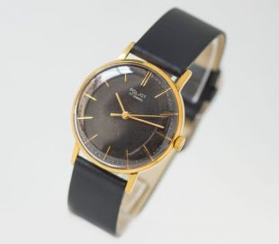 Montre Vintage Gent Poljot plaqué or, noir robe montre pour homme, classique homme montre, antichoc hommes Watch cadeau nouveau bracelet en cuir haut de gamme
