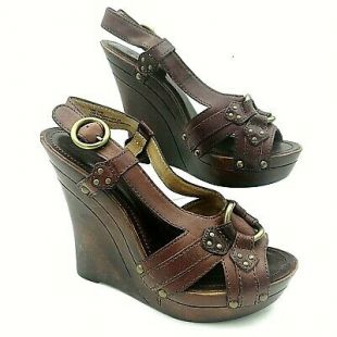FRYE Women's June Bride ArriÃ¨re Cuir MARRON en Bois Wedge Sandales Taille 8.5  | eBay