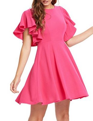 ROMWE Donna Elastico Una Linea Battente Svasato Pattinatore Cocktail Party Dress x-Grande Rosa