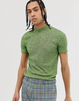 ASOS DESIGN muscle t-shirt with stretch and turtleneck in interest rib in green | ASOS