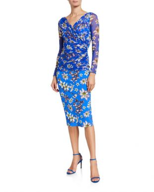 Floral V-Neck Long Sleeve Illusion Overlay Dress
