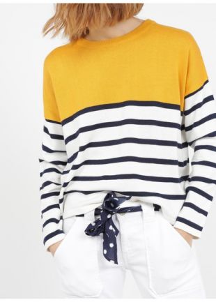 PULL COL ROND LOOSE À RAYURES EN MAILLE DE COTON MÉLANGÉ MOUTARDE - JAUNE