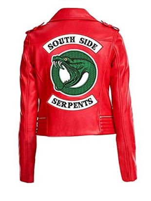 Women Serpent Red Faux Leather Jacket with Single Snake Gang Logo (Small)