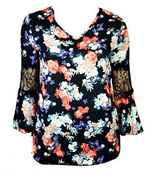 Womens Plus Size Black Floral Print Bell Sleeve Blouse