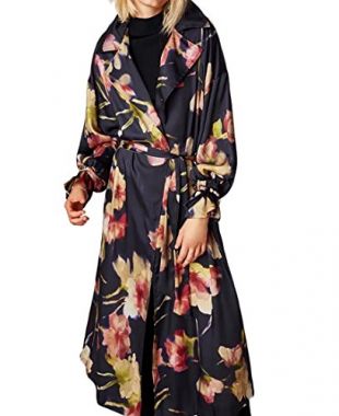 Open Front Floral Print Long Trench Coat Belted Cardigan