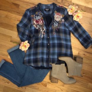 Embroidered Blue Flannel Shirt
