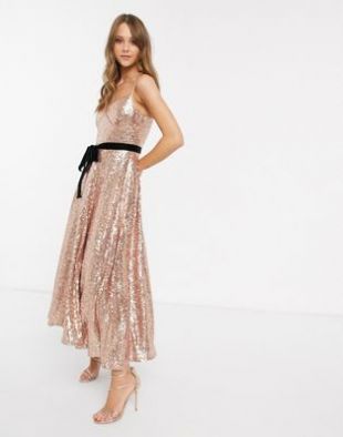 Forever U cami strap sequin dress with bow detail in rose gold | ASOS