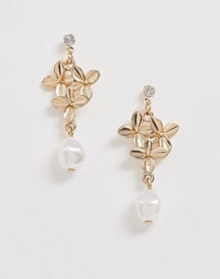ASOS DESIGN earrings in floral design with mini pearl drop in gold tone | ASOS