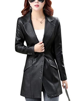 Tanming Women's Button Front Faux Leather Blazer Coat Jacket (Large, Black)