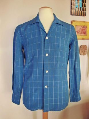 Reproduction à la main des années 1950 1960 ' s Blue Check Plaid boucle col chemise homme coton lin S/M - prêt à être expédier
