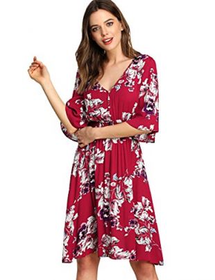 Women's Boho Button Up Split Floral Print Flowy Party Dress Medium Multicolor-Red