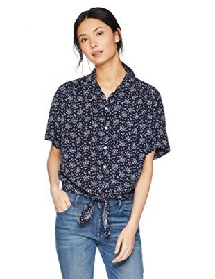 Short Sleeve Tie Front Shirt Crepe Floral
