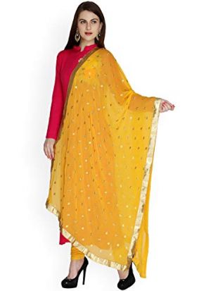 TMS Woman's Embroidered Chiffon Dupatta Scarf Shawl Wrap Soft Indian Bridal Wedding (Yellow)