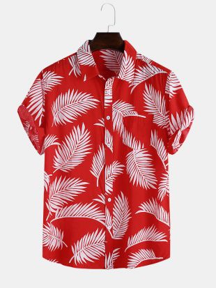 Mens Hawaiian Leaf Imprimé Chemises Casual