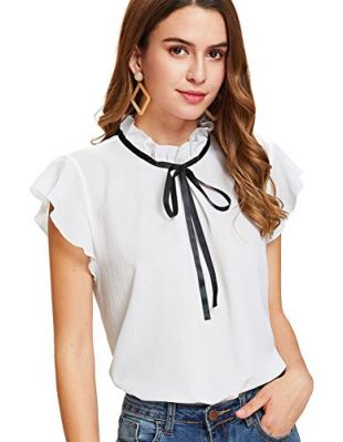 Romwe Women's Casual Cap Sleeve Bow Tie Blouse Top Shirts White M
