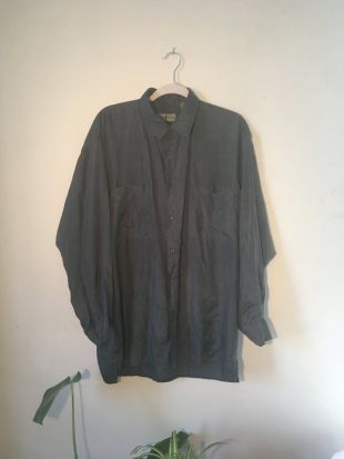 vintage Dark Green Grey Silk Button-Down Double-Pocket Shirt