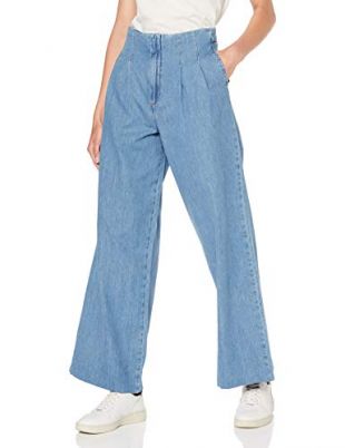 Blue Pleat Front Wide Leg Jeans