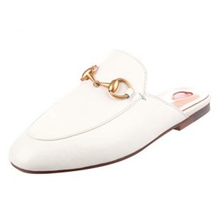 Mules for Women Womens Leather Slip On Mule Flats Embroidery Backless Loafers Slippers Shoes White