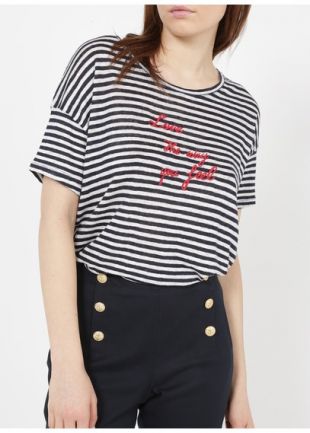 TEE-SHIRT COL ROND RAYÉ BRODÉ EN LIN MARINE GERARD DAREL - FEMME | Place des Tendances