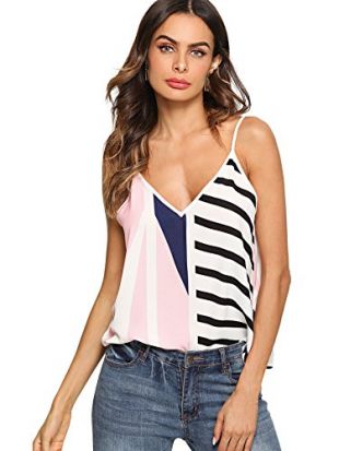 Women's Colorblock Mixed Patch Striped Print V Backless Cami Top
