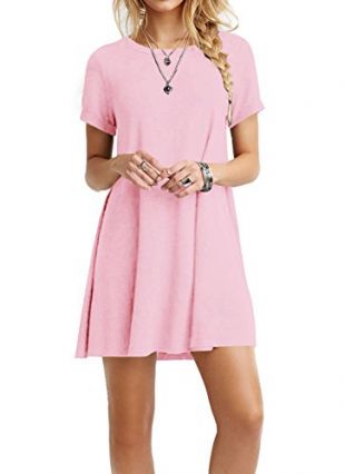 Women's Swing Loose Short Sleeve Tshirt Fit Comfy Casual Flowy Tunic Cotton Dress Pink,Small
