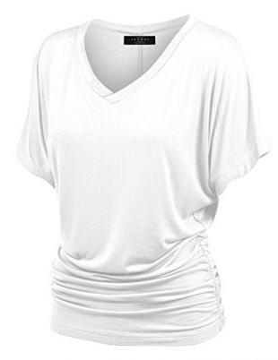 Made By Johnny MBJ WT1037 V Neck Short Sleeve Dolman Top with Side Shirring S White