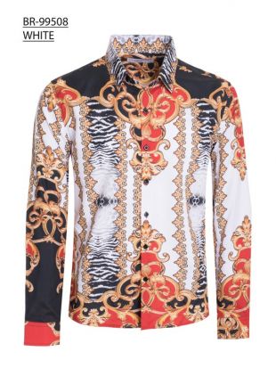 Mens Caviar Dremes Slim Fit Long Sleeve Button Down Robe Chemise Blanche Tigre Noir Avec Or Floral Versailles Print Silky Texture Iron Free