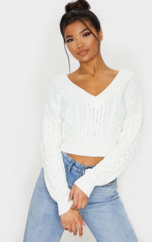 Cream Cable Knit V Neck Crop Sweater
