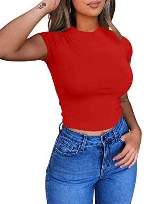 BEAGIMEG Women's Round Neck Short Sleeve Basic T-Shirt Casual Crop Tops Red