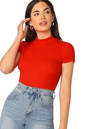 SheIn Women's Mock Neck Short Sleeve Slim Fit Knit T-Shirts Red Small