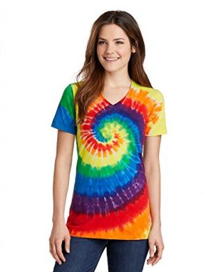 Port & Company Women's Essential Tie-Dye V-Neck Tee LPC147V, Rainbow, Medium