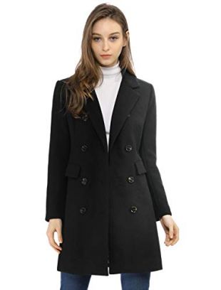 Allegra K Women's Long Jacket Notched Lapel Double Breasted Trench Coat L Blacks