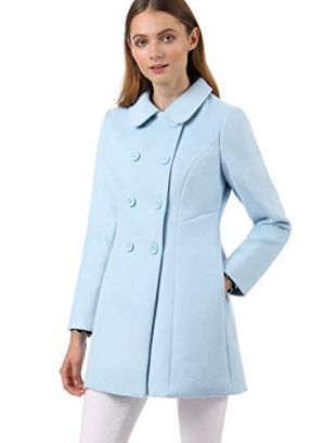 Allegra K Women's Peter Pan Collar Double Breasted Winter Long Trench Pea Coat Blue XS (US 2)